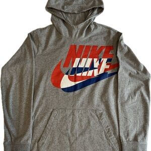 Nike Men’s XL Gray Pullover Hoodie Big Swoosh Logo Red White Blue